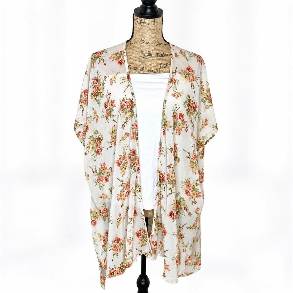 Poetry Floral Kimono Wrap White Sheer Open Front Cardigan One Size